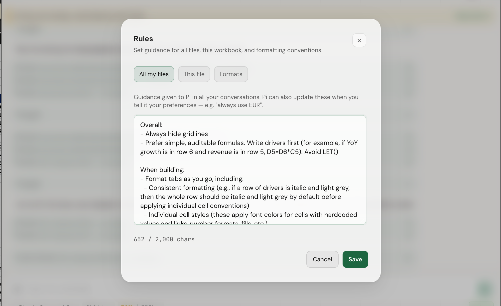 Rules dialog showing formatting conventions for all files, this workbook, and format settings